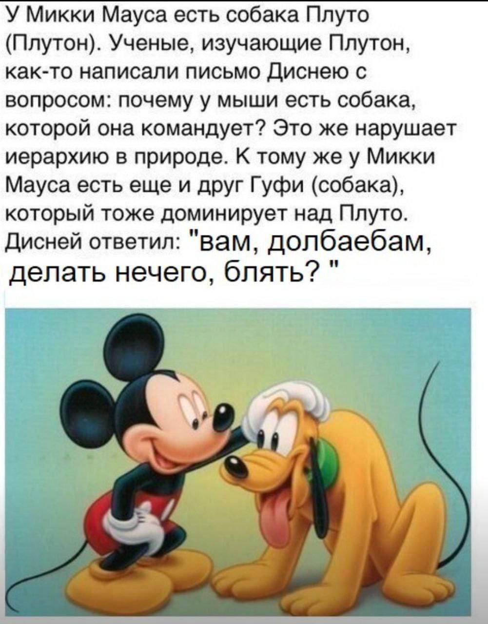 У Микки Мауса есть собака Плуто (Плутон). Ученые, изучающие Плутон, как-то написали письмо Диснею с вопросом: почему у мыши есть собака, которой она командует? Это же нарушает иерархию в природе. К то