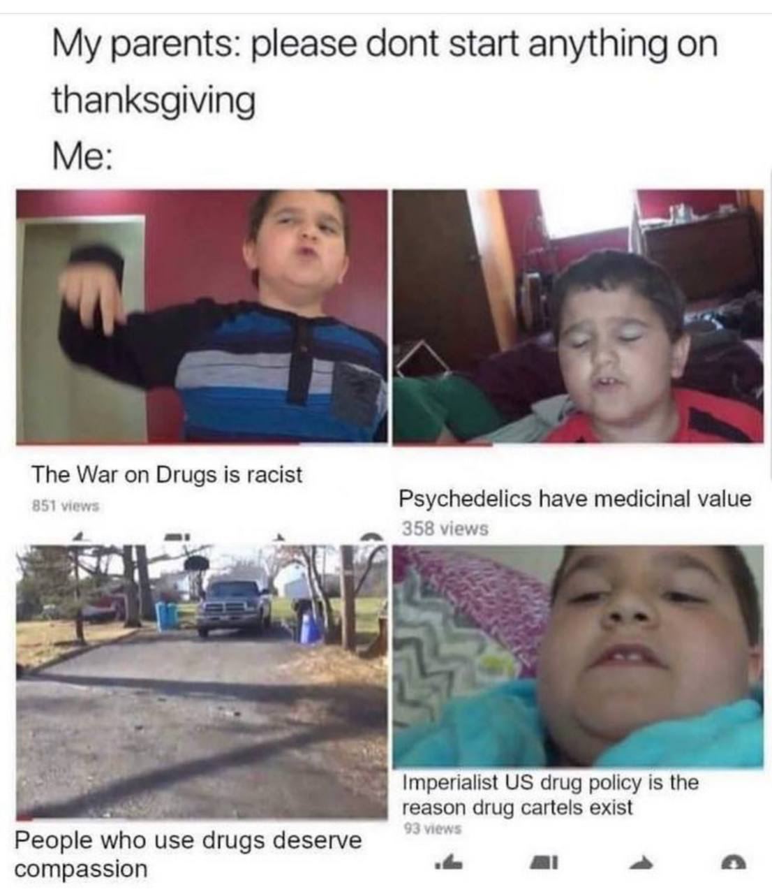 My parents: please dont start anything on thanksgiving Me: War on Drugs is racist Psychedelics have medicinal value 358 views a Imperialist drug policy is the reason drug cartels exist People who use 