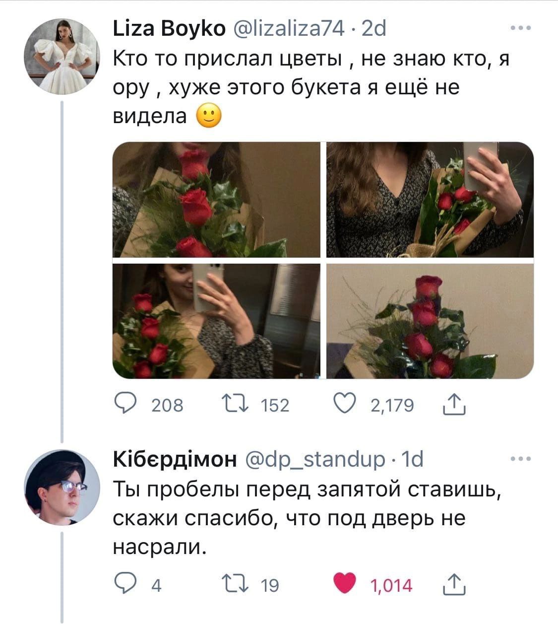 i Liza Boyko @lizaliza74 Кто то прислал цветы не знаю кто, я ору хуже этого букета я ещё не видела 208 152 2179 Кбердмон @dp_standup- Ты пробелы перед запятой ставишь, скажи спасибо, что под дверь не 