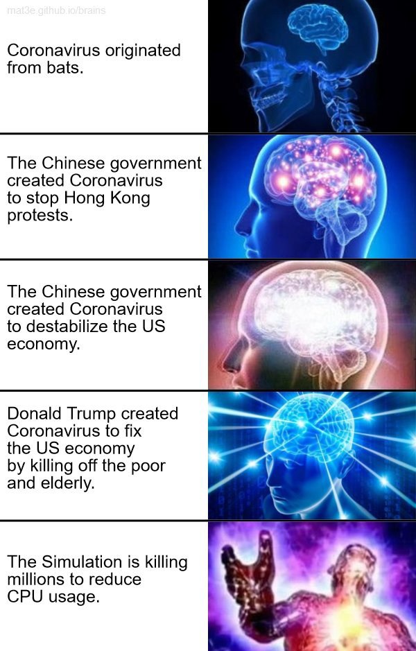 from bats. Coronavirus originated The Chinese government created Coronavirus to stop Hong Kong protests. The Chinese government created Coronavirus to destabilize the economy. Donald Trump created Cor