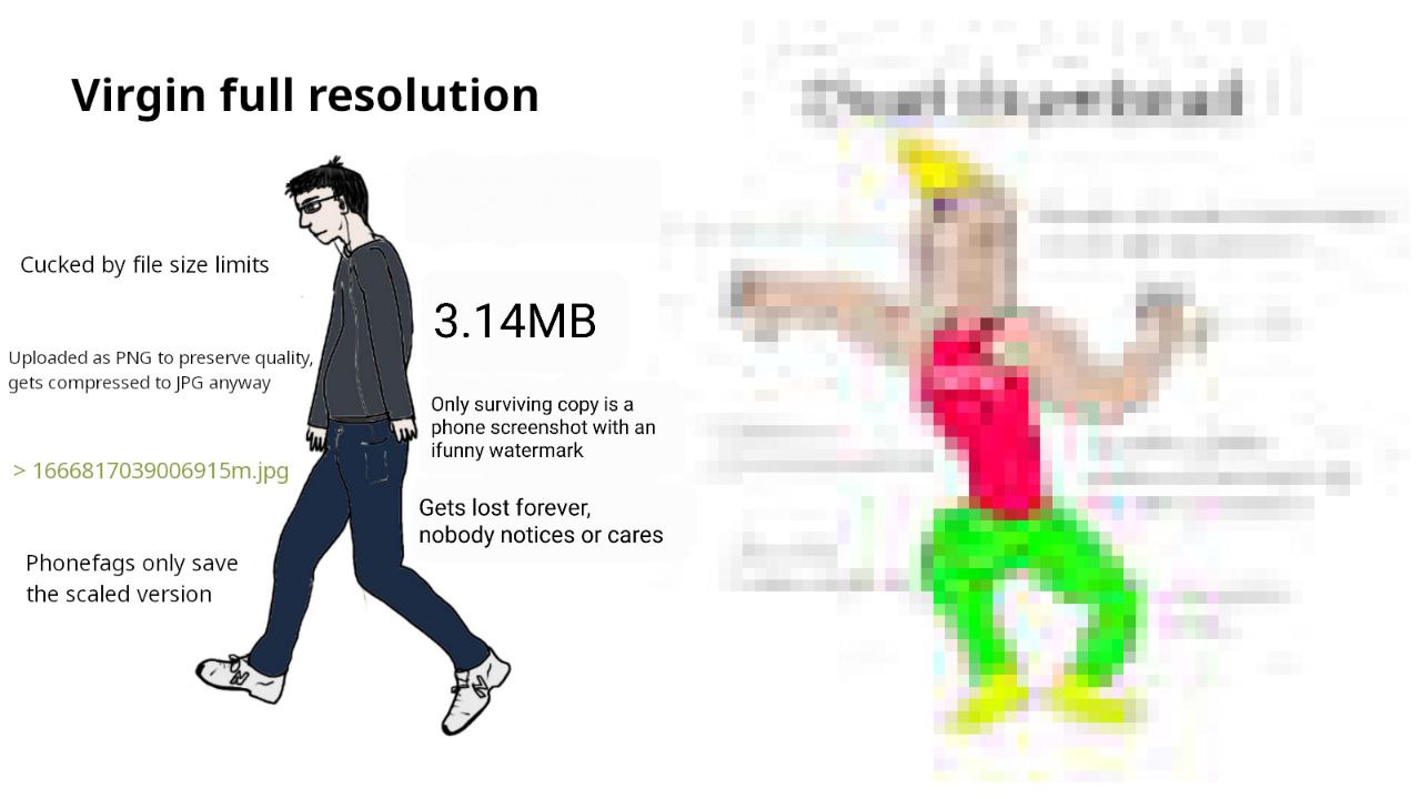 Virgin full resolution Cucked file size limits Uploaded as PNG to preserve quality, gets compressed to JPG anyway Only surviving copy is a Phone screenshot with ifunny watermark 1666817039006915m.jpg 