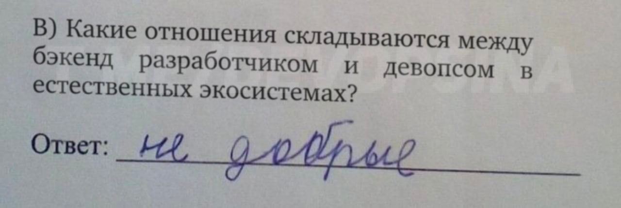В) Какие отношения складываются между бэкенд разработчиком и девопсом в естественных экосистемах? Ответ: