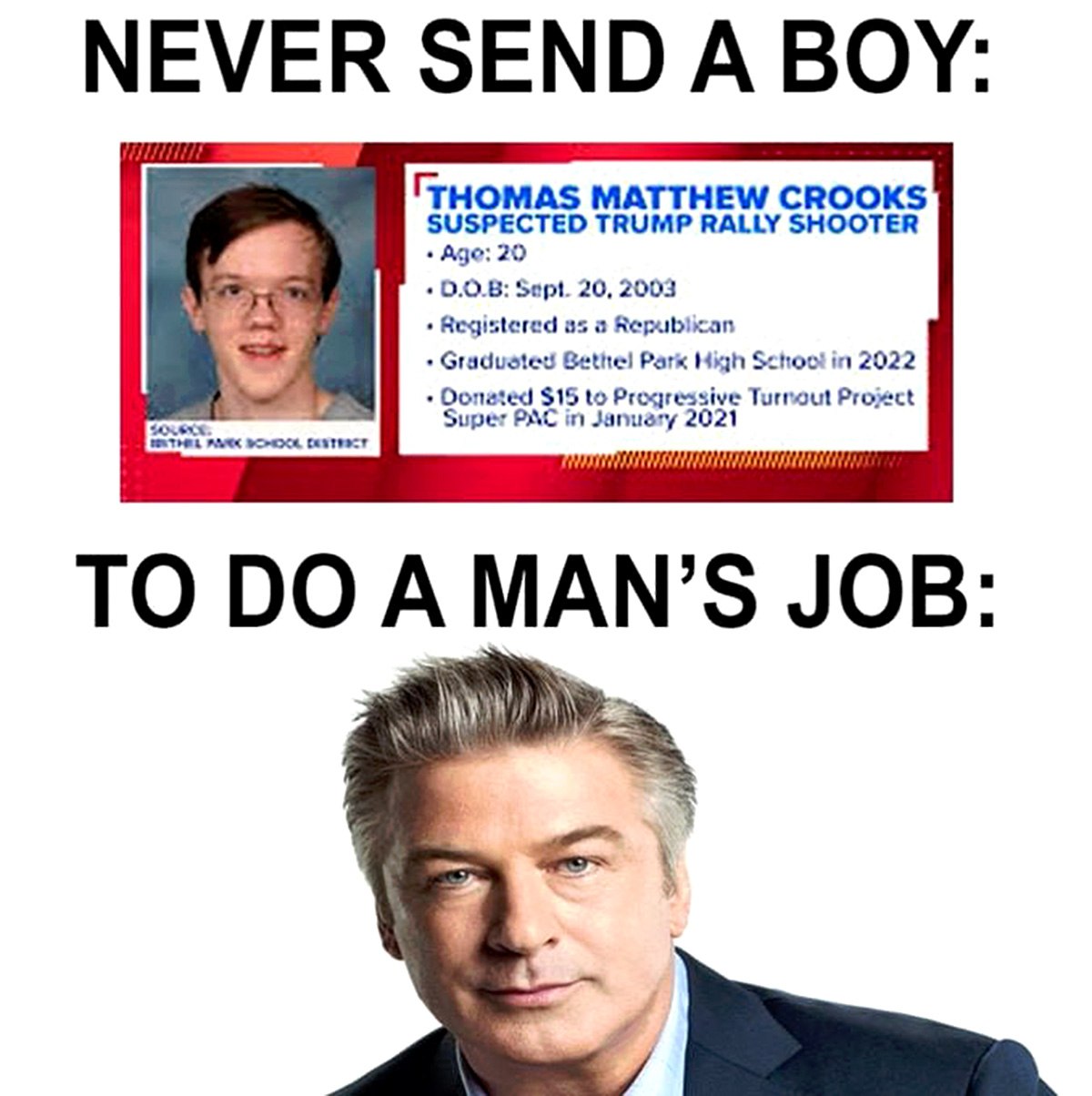 NEVER SEND А BOY: THOMAS MATTHEW CROOKS SUSPECTED TRUMP RALLY SHOOTER Age: 20 Sept. 20, 2003 Registered as а Republican Park Schoo! in 2022 $15 to Progressive Turnout Project Super РАС January 2021 TO