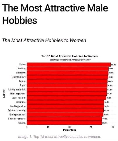 The Most Attractive Male Hobbies The Most Attractive Hobbies to Women Top 15 Most Attractive Hobbies to Women Percentage Responded Altractive’ Activity Racism 98.2% Gambling 95.6% Alcoholism 95.4% Lou