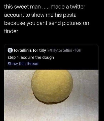 this sweet man made a twitter account to show me his pasta because you cant send pictures on tinder О tortellinis for tilly @tillytortellini- step 1: acquire the dough Show this thread