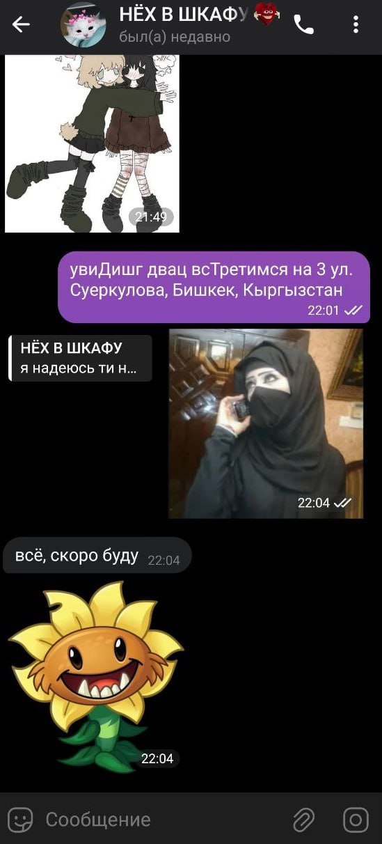 НЁХ ШКАФУ был(а недавно увиДишг двац всТретимся 3 Суеркулова, Бишкек, Кыргызстан 22:01 НЕХ В ШКАФУ я надеюсь 22:04 всё, скоро буду 2:04 22:04 Сообщение