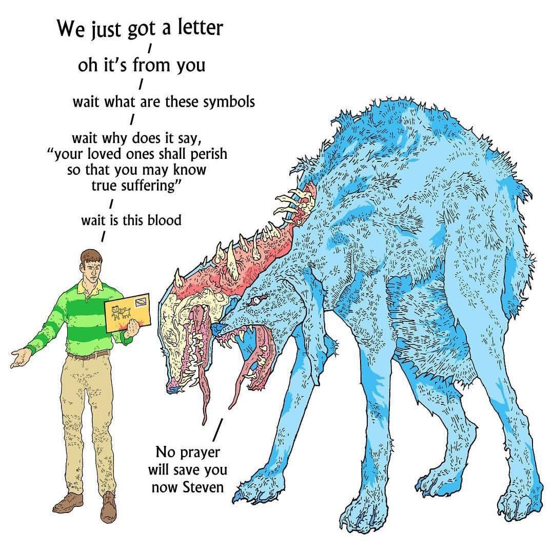 We just got а letter 1 it’s from you wait what are these symbols 1 wait why does it say, i your loved ones shall perish so that you may know WON wait is this blood 1 wey prayer заме you Hes
