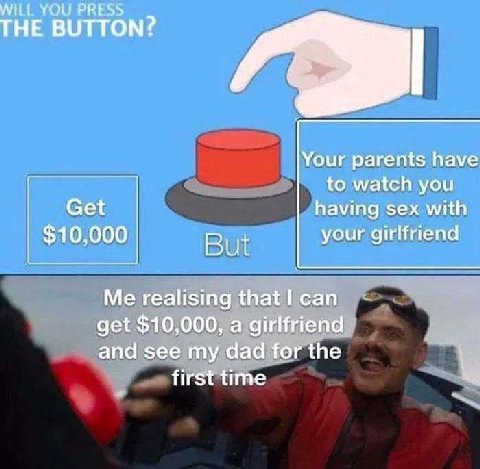МНЕ YOU PRESS THE BUTTON? Your parents have to watch you Get having sex with But your girlfriend Me realising that can get $10,000, a girlfriend and see my dad for the first time