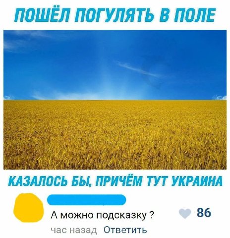 ПОШЁЛ ПОГУЛЯТЬ В ПОЛЕ КАЗАЛОСЬ БЫ, ПРИЧЁМ ТУТ УКРАИНА A можно подсказку 86 час назад Ответить
