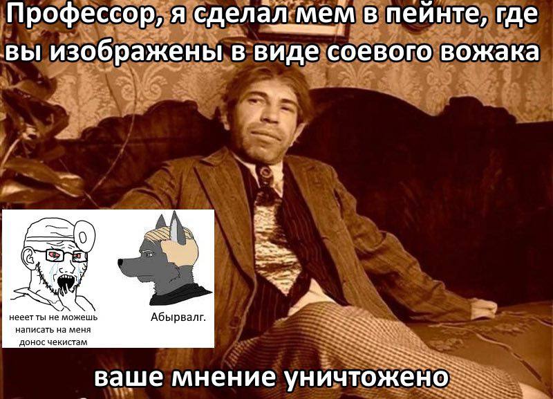 Профессор, я сделал мем в пейнте, где изображены в виде соевого вожака нееет ты не можешь Абырвалг. написать на меня донос чекистам ваше мнение уничтожено.
