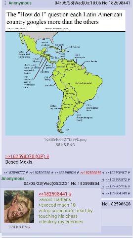 Anonymous 04/05/23(Wed)05:10:06 No.182598441 The "How I" question each Latin American country googles more than the others avoid Haitians Dragon Ras music move to Mexico 0 use a blender shave so my ge