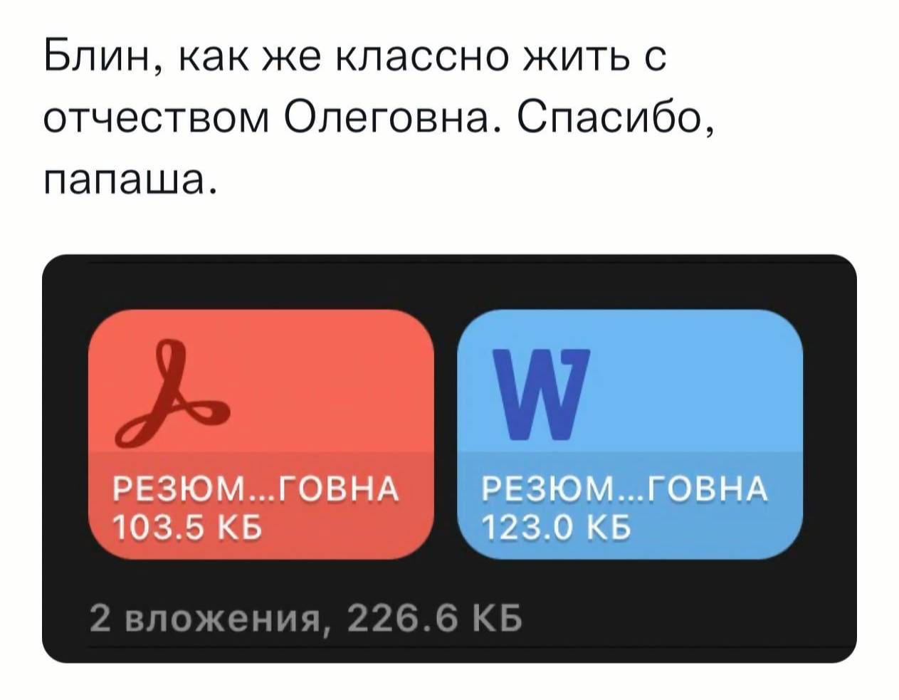 Блин, как же классно жить с отчеством Олеговна. Спасибо, папаша. РЕЗЮМ...ГОВНА 103.5 123.0 2 вложения, 226.6