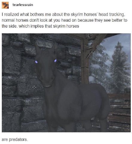 tearlessrain realized what bothers me about the skyrim horses’ head tracking. normal horses don't look at you head on because they see better to the side. which implies that skyrim horses are predator