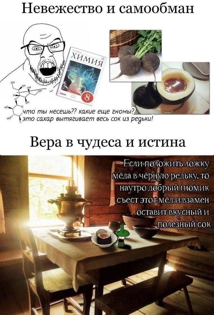 Невежество и самообман 2 а И on 72 ‘что ты несешь?? какие еще гномы? сахар вытягивает весь сок из редьки! Вера в чудеса и истина в чёрную редьку, то наутро добрый гномик В съест взамен оставит вкусный