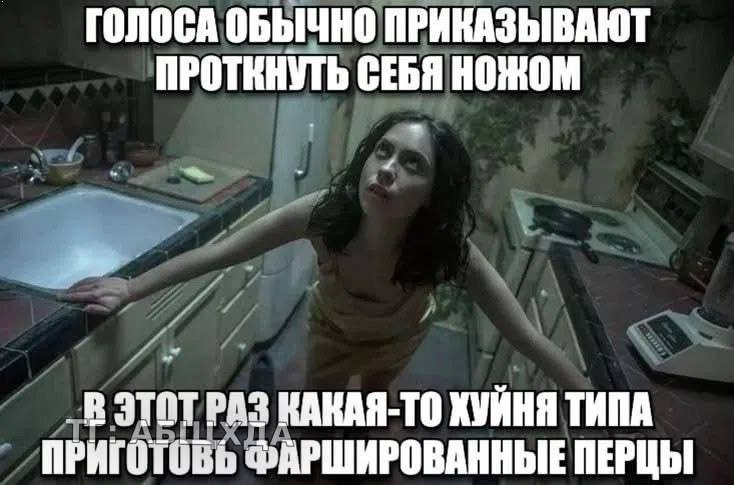 ГОЛОСА ОБЫЧНО ПРИКАЗЫВАЮТ ПРОТКНУТЬ СЕБЯ НОЖОМ В ЭТОТ РАЗ КАКАЯ-ТО ХУЙНЯ ТИПА ПРИГОТОВЬ ФАРШИРОВАННЫЕ ПЕРЦЫ