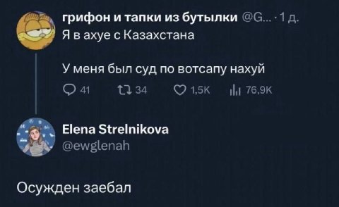 грифон и тапки из бутылки @С Явахуе с Казахстана У меня был суд по вотсапу нахуй 41 34 Elena Strelnikova @ewglenah Осужден заебал