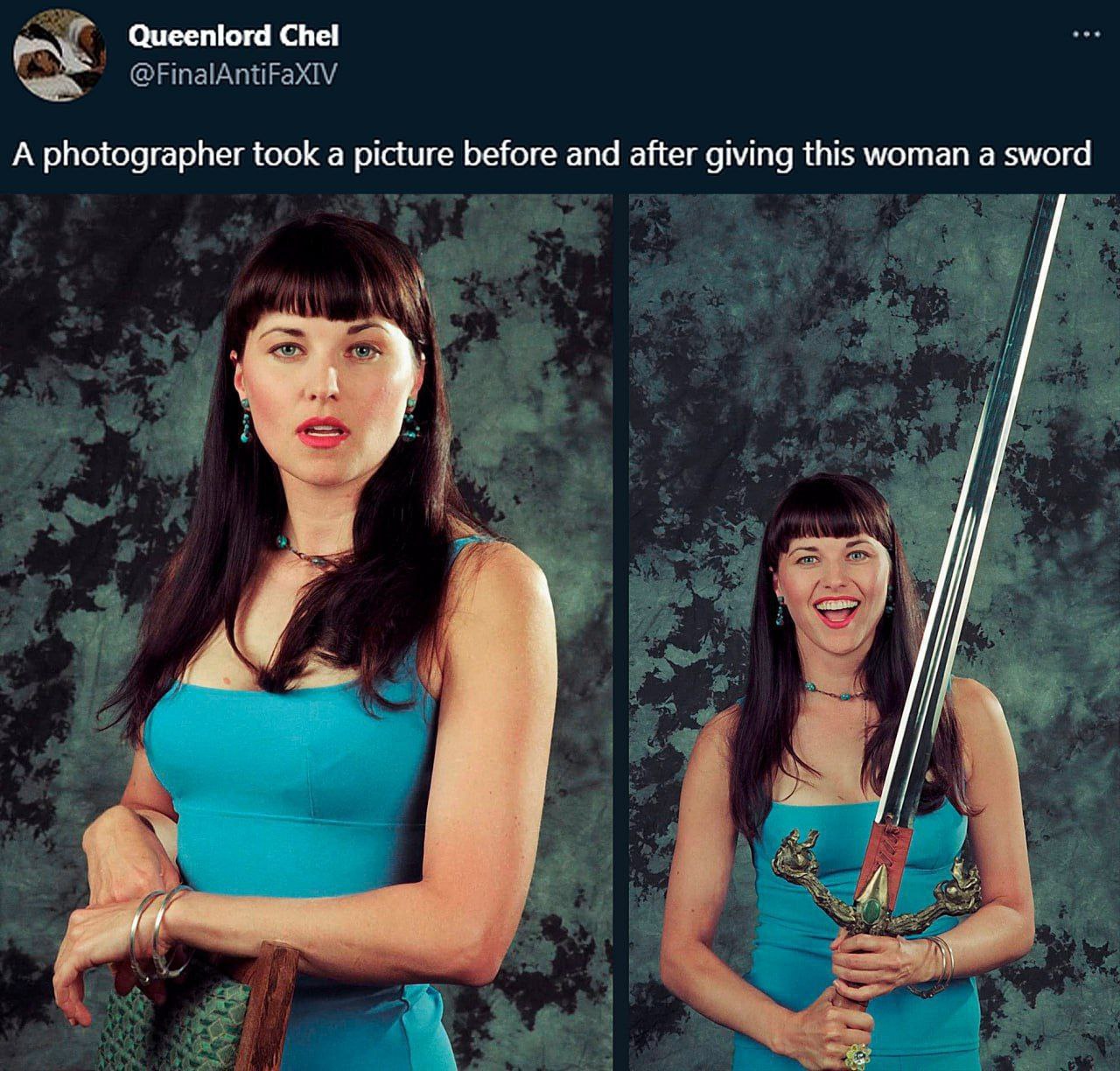 Queenlord Chel A photographer took a picture before and after giving this woman а sword