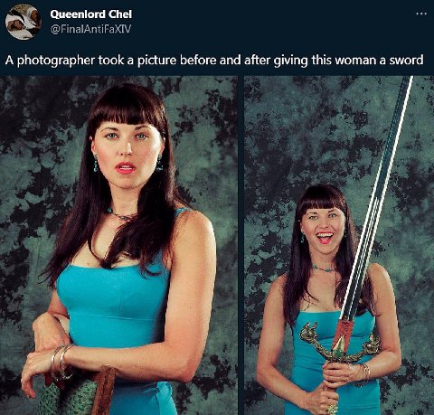 Queenlord Chel A photographer took a picture before and after giving this woman а sword