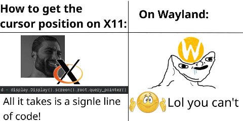 How to get the On Wayland: cursor position on display.Display().screen().root.query_pointer() All it takes is a signle line ,Lol you can't of code!