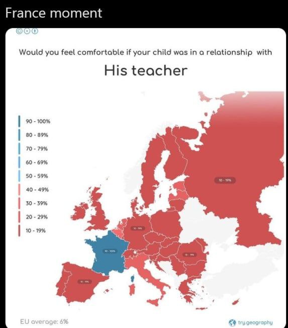 France moment Would you feel comfortable if your child was a relationship with His teacher 90 100% 80 89% 70 79% 60 69% 50 59% 40 49% 30 39% 20 29% 10 69