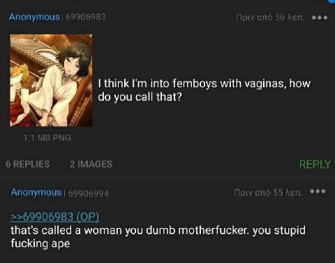 Anonymous у 4 think into femboys with vaginas, how you call that? Anonymous eee >>69906983 that's called a woman you dumb motherfucker. you stupid fucking ape