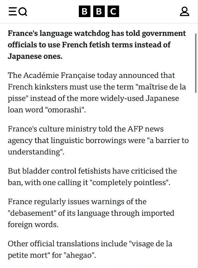 BIB a France's language watchdog has told government officials to use French fetish terms instead of Japanese ones. The Académie today announced that French kinksters must use the term "maitrise pisse