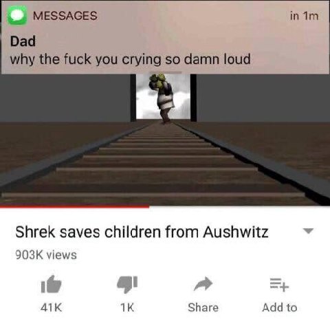 MESSAGES Dad why the fuck you crying so damn loud Shrek saves children from Aushwitz views Share Add to