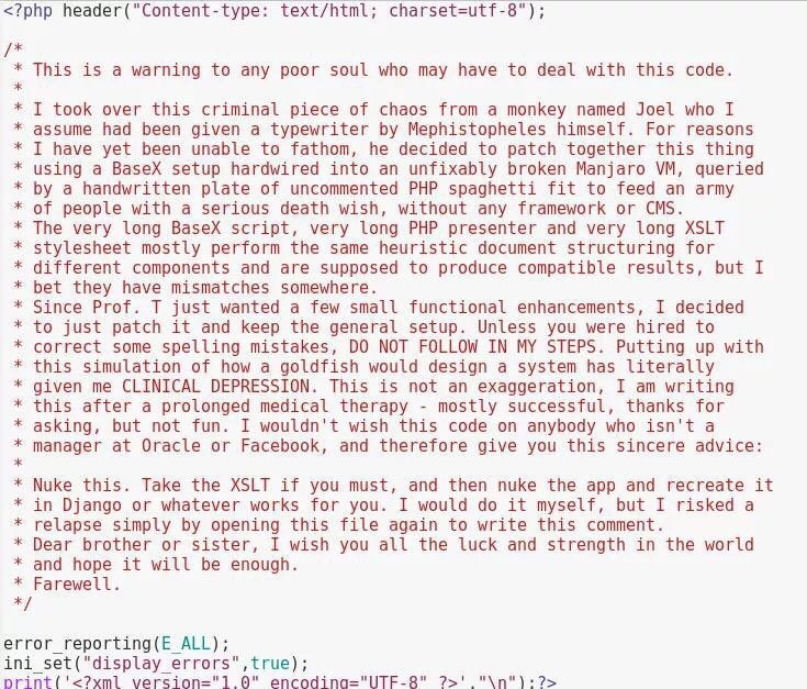 <?php header("Content-type: text/html; This is a warning to any poor soul who may have to deal with this code. I took over this criminal piece of chaos from a monkey named Joel who I assume had been g