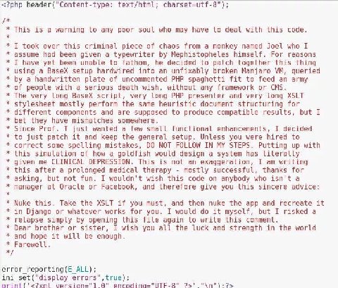 <?php header("Content-type: text/html; This is a warning to any poor soul who may have to deal with this code. I took over this criminal piece of chaos from a monkey named Joel who I assume had been g