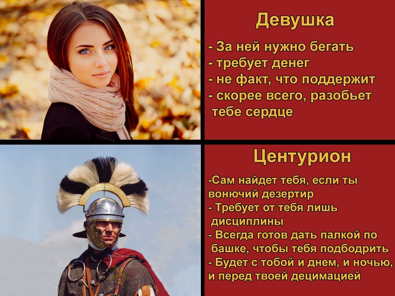 Девушка Заней нужно бегать требует денег не факт, что поддержит скорее всего, разобьет тебе сердце Центурион У -Сам найдет тебя, если ты вонючий дезертир Требует от тебя лишь дисциплины Всегда готов д