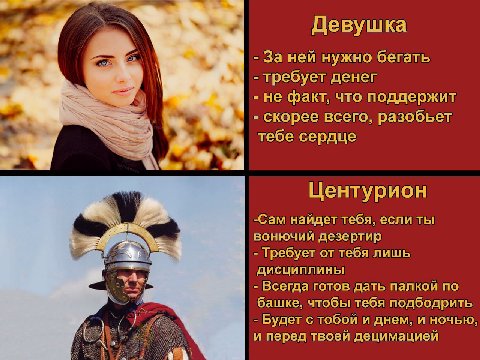 Девушка Заней нужно бегать требует денег не факт, что поддержит скорее всего, разобьет тебе сердце Центурион У -Сам найдет тебя, если ты вонючий дезертир Требует от тебя лишь дисциплины Всегда готов д