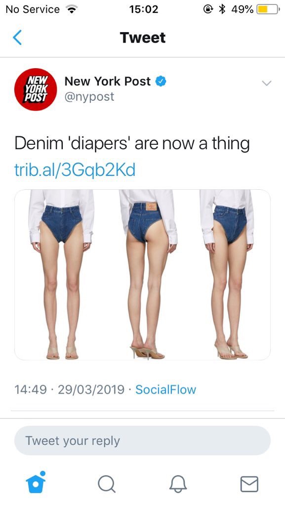 No Service 15:02 49% Tweet New York Post Denim 'Чарег$' are now a thing trib.al/SGqb2kKd 14:49 29/03/2019 SocialFlow Tweet your reply