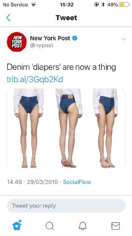 No Service 15:02 49% Tweet New York Post Denim 'Чарег$' are now a thing trib.al/SGqb2kKd 14:49 29/03/2019 SocialFlow Tweet your reply