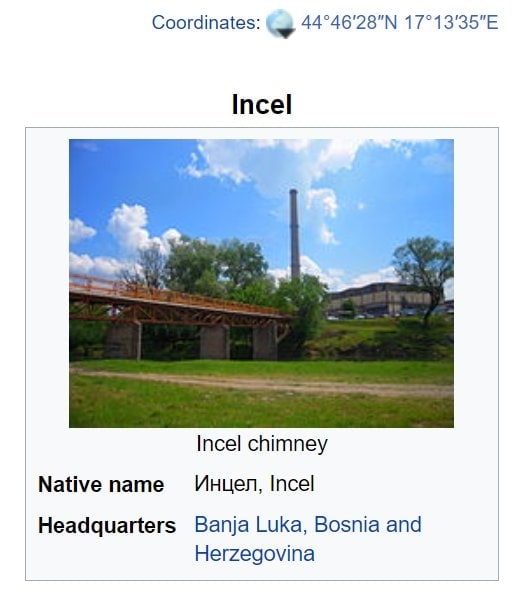 Coordinates: (у Incel Be. Incel chimney Native name Инцел, Incel Headquarters Banja Luka, Bosnia and Herzegovina