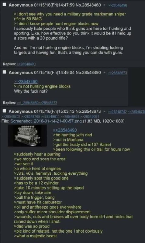Anonymous №.28548460 don't see why you need a military grade marksman sniper rifle in 50 BMG didn't know people hunt engine blocks now seriously hate people who think guns are here for hunting and spo