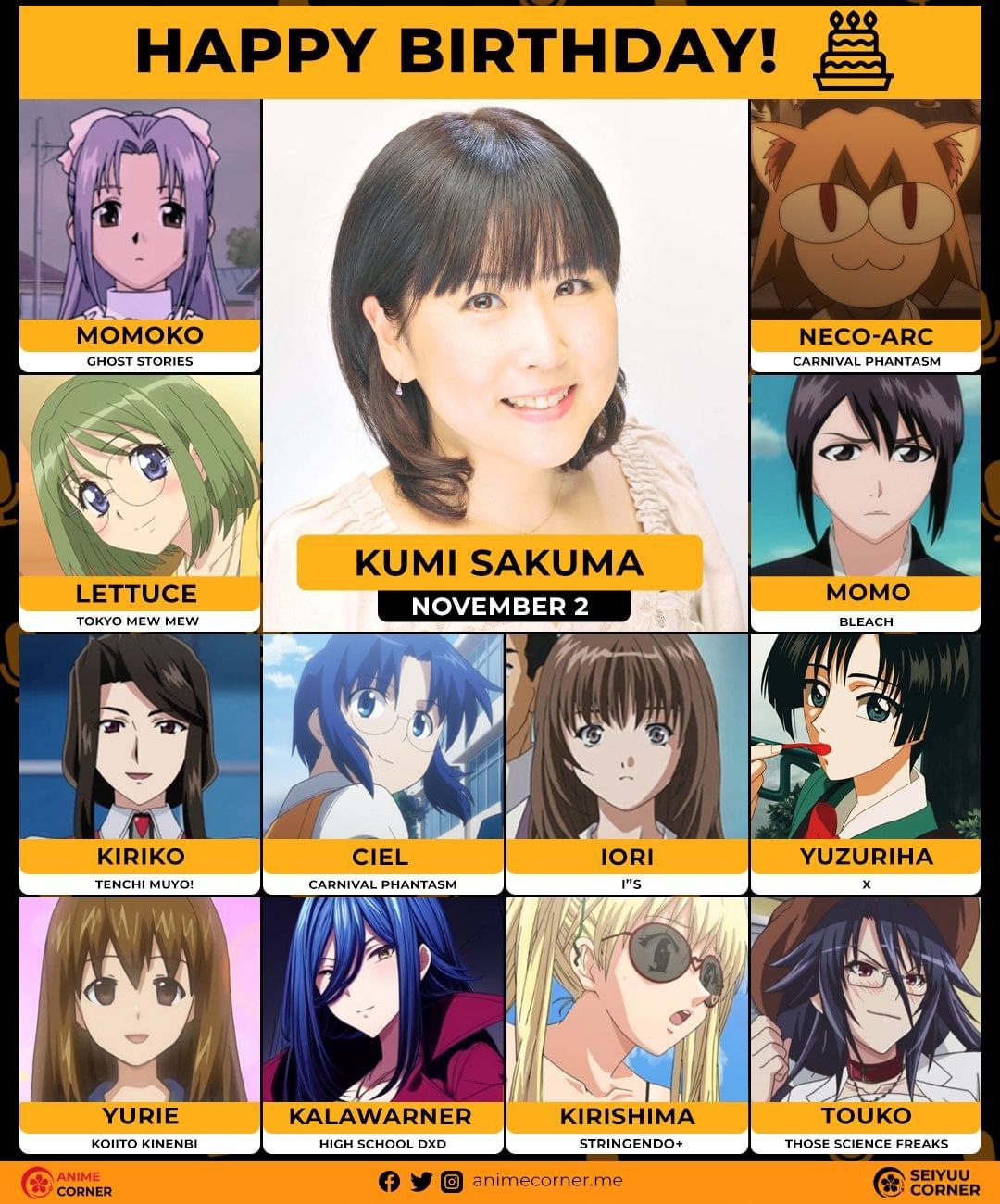 HAPPY BIRTHDAY! 4 apap GHOST STORIES CARNIVAL РНАМТАЗМ А 4 у. a i KUMI SAKUMA 14 7 CIEL YUZURIHA TENCHI MUYO! CARNIVAL PHANTASM Mave me i> SSS YURIE KIRISHIMA TOUKO KONTO KINENBI HIGH SCHOOL DXD STRIN
