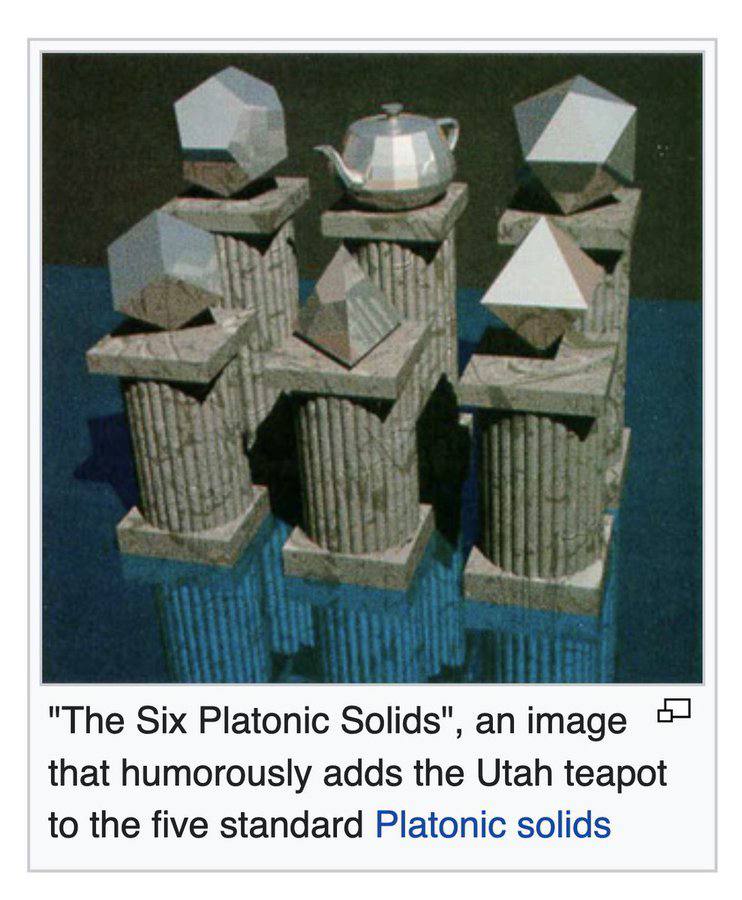 A "The Six Platonic Solids", image that humorously adds the Utah teapot to the five standard Platonic solids
