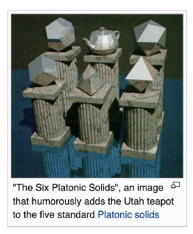 A "The Six Platonic Solids", image that humorously adds the Utah teapot to the five standard Platonic solids