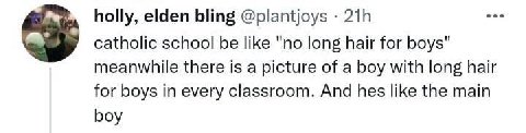 holly, elden bling @plantjoys catholic school be like "no long hair for boys" meanwhile there is a picture of a boy with long hair for boys in every classroom. And hes like the main boy