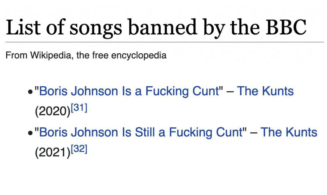 List of songs banned the BBC From Wikipedia, the free encyclopedia e"Boris Johnson Is a Fucking Cunt" The Kunts e"Boris Johnson Is Still a Fucking Cunt" The Kunts