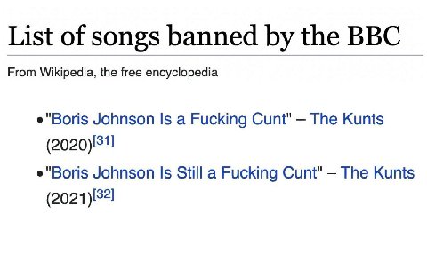 List of songs banned the BBC From Wikipedia, the free encyclopedia e"Boris Johnson Is a Fucking Cunt" The Kunts e"Boris Johnson Is Still a Fucking Cunt" The Kunts