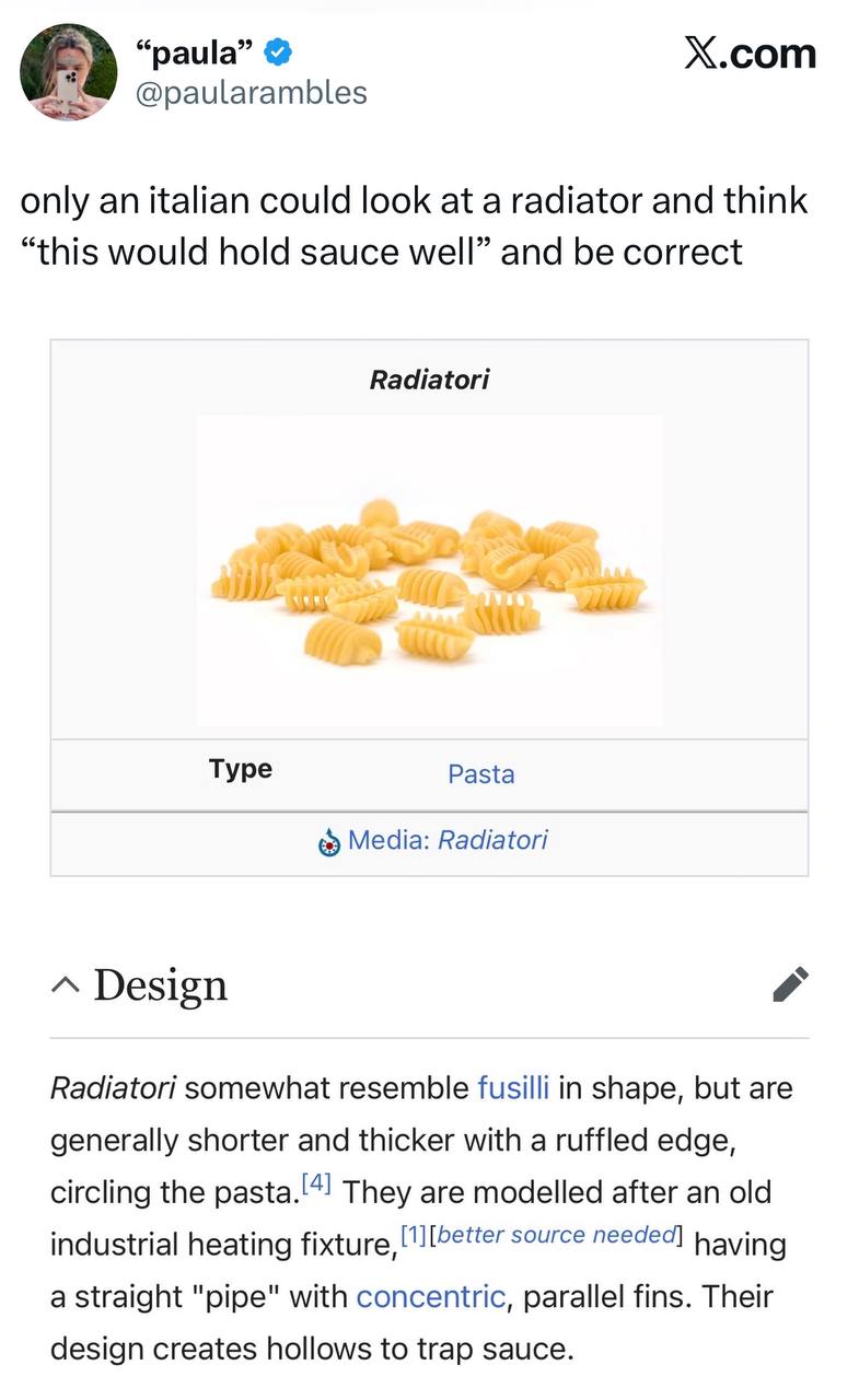 “paula” Х.сот @paularambles only an italian could look at a radiator and think “this would hold sauce wel and be correct Radiatori Туре Pasta Media: Radiatori A Design somewhat resemble fusilli in sha