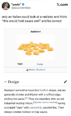 “paula” Х.сот @paularambles only an italian could look at a radiator and think “this would hold sauce wel and be correct Radiatori Туре Pasta Media: Radiatori A Design somewhat resemble fusilli in sha