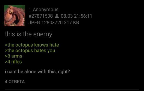 1 Anonymous #27871508 08.03 21:56:11 JPEG 217 this is the enemy >the octopus knows hate >the octopus hates you >8 arms >4 rifles i cant be alone with this, right? 4 OTBETA
