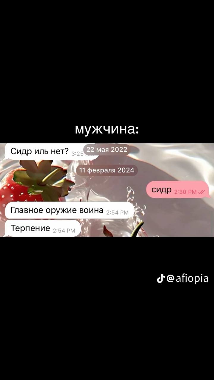 мужчина: Сидр иль нет? 22 мая 2022 11 февраля 2024 СИДР 2:30 Главное оружие воина A, Терпение @afiopia