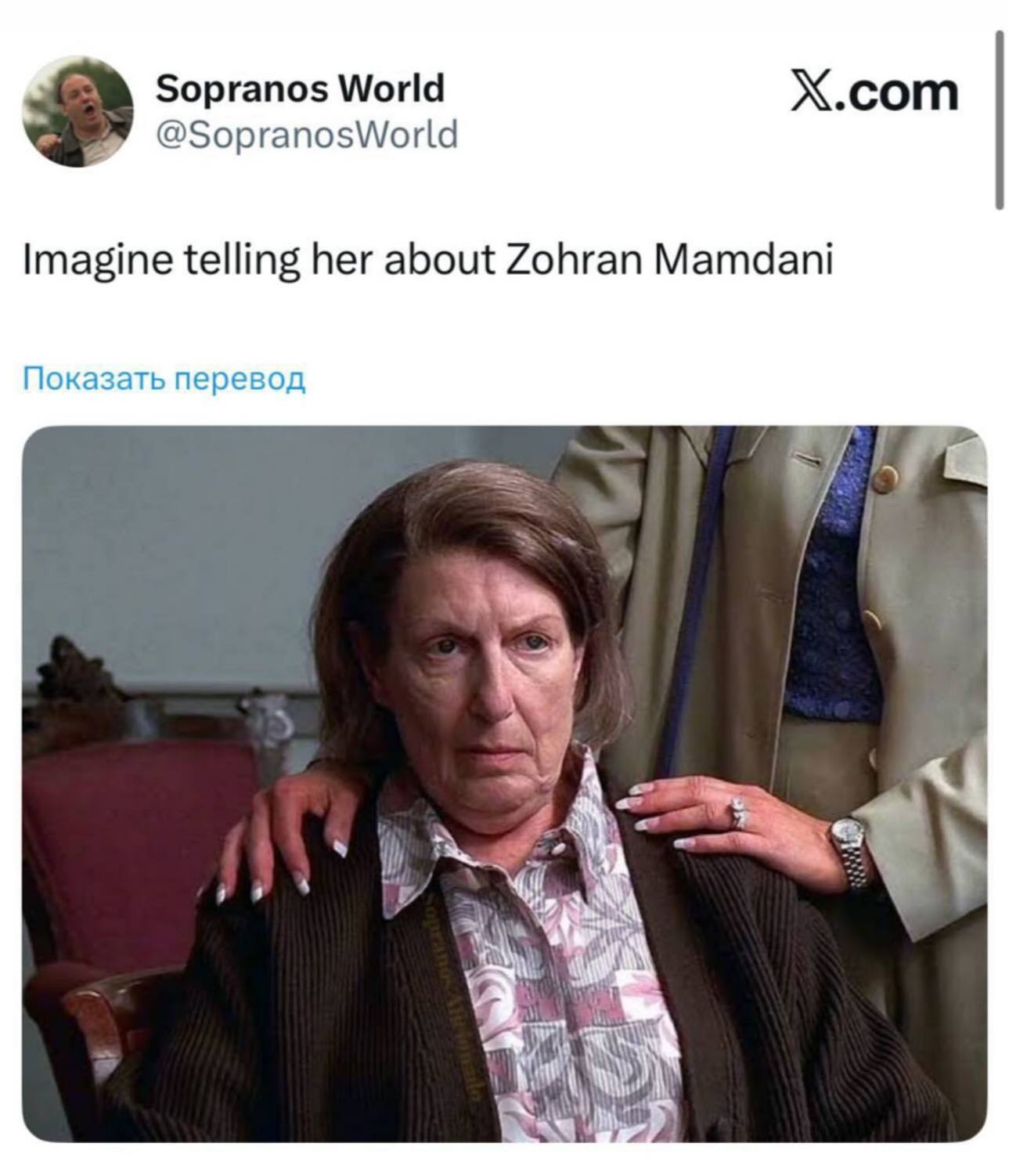 Sopranos World X.com @SopranosWorld Imagine telling her about Zohran Mamdani Показать перевод у к)