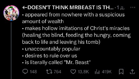 <ООЕЗМ'Т THINK МВВЕАЗТ 1$ appeared from nowhere with a suspicious amount of wealth makes hollow imitations of Christ's miracles (healing the blind, feeding the hungry, coming back to life and leaving 