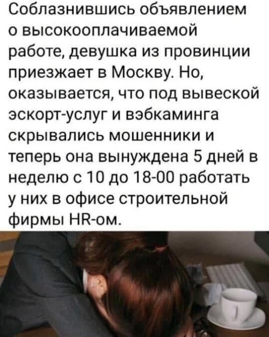 Соблазнившись объявлением о высокооплачиваемой работе, девушка из провинции приезжает в Москву. Но, оказывается, что под вывеской эскорт-услуг и вэбкаминга скрывались мошенники и теперь она вынуждена 