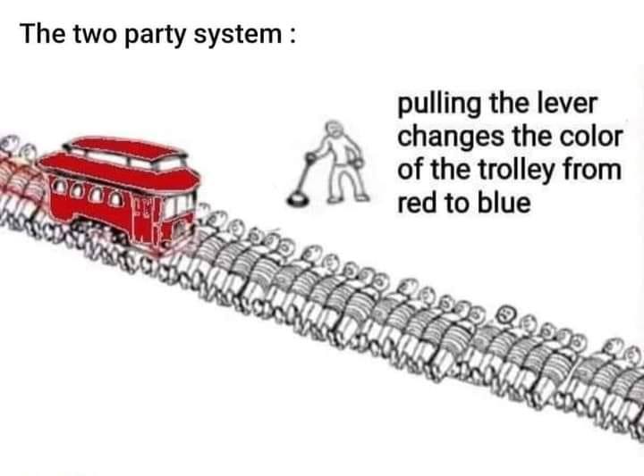 The two party system pulling the lever changes the color of the trolley from red to blue