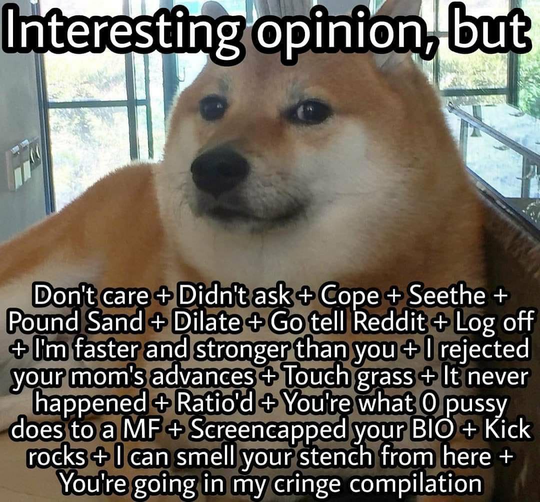 opinion Don't саге Didn't ask Cope Seethe Pound Sand Dilate tell Reddit Log off faster and stronger than you rejected your mom's advances Touch grass It never happened Ratio'd You're what 0 pussy does